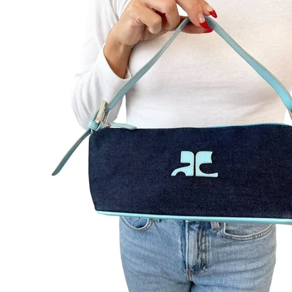 Courreges Vintage Logo Shoulder Bag Denim Blue Silver Cotton Rank AB [103972]
